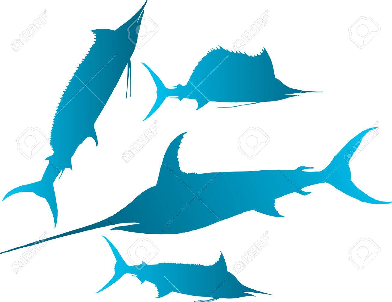 1300x1000 Vector Illustration Silhouettes Of Marlin, Spearfish, Sailfish