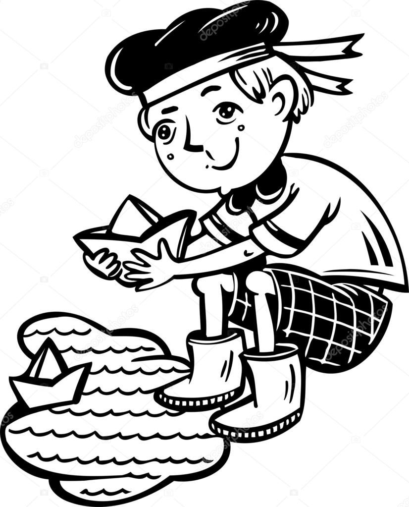 826x1023 Boy In A Sailor Admits Paper Boats.children. Stock Vector