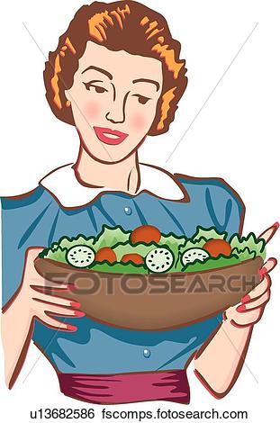 311x470 Clip Art Of Retro Woman Holding Bowl Of Salad U13682586