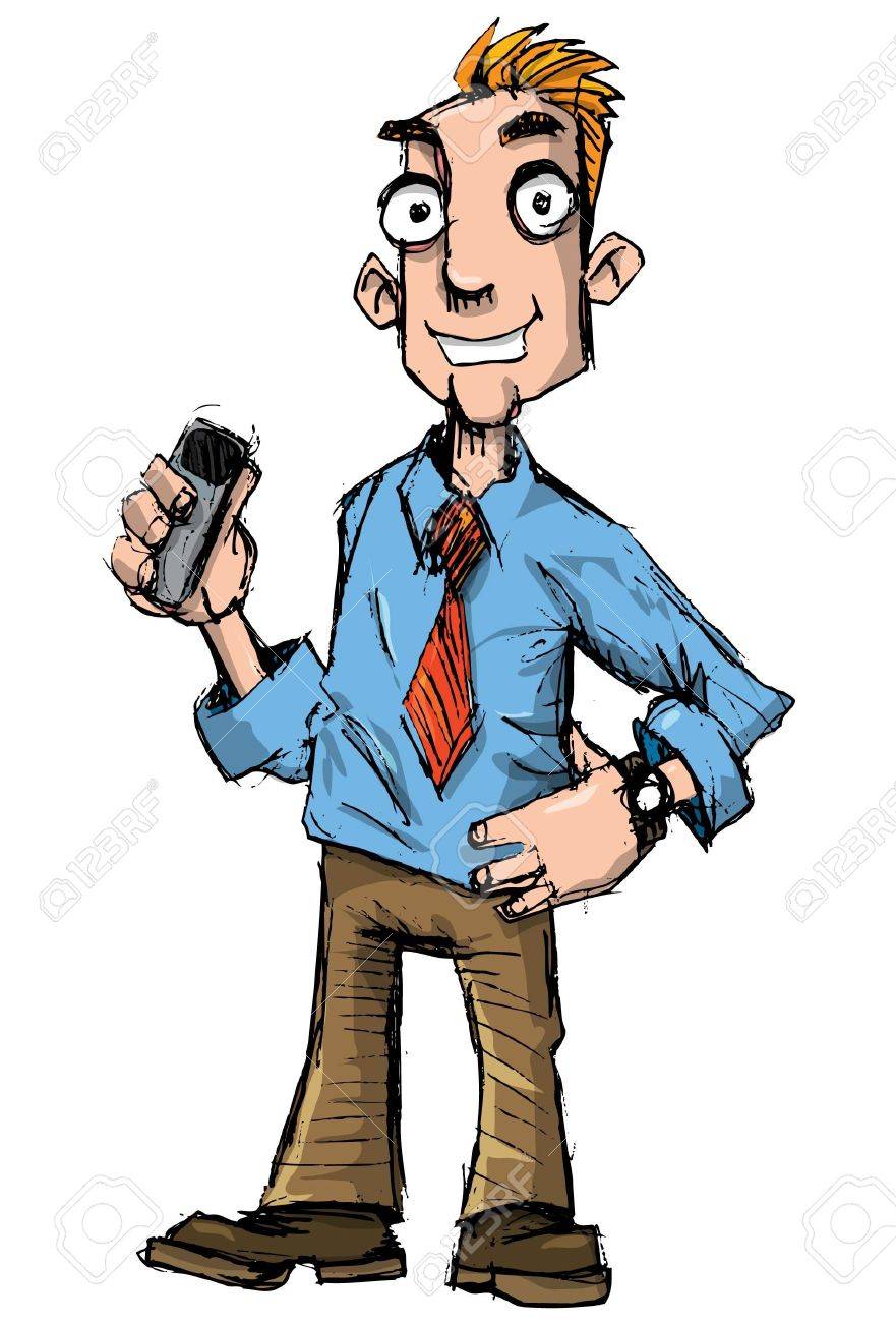 881x1300 Cartoon Salesman With Mobile Phone. Isolated On White Royalty Free