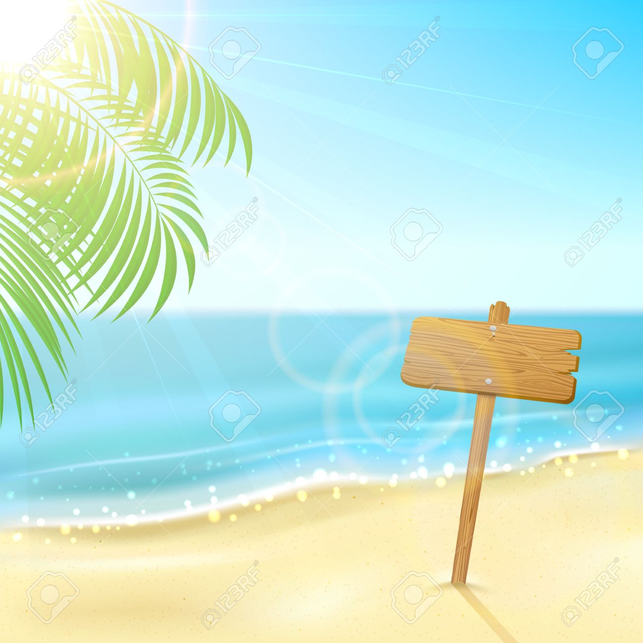 1300x1300 Tropical Background With Wooden Sign On Sandy Beach, Illustration