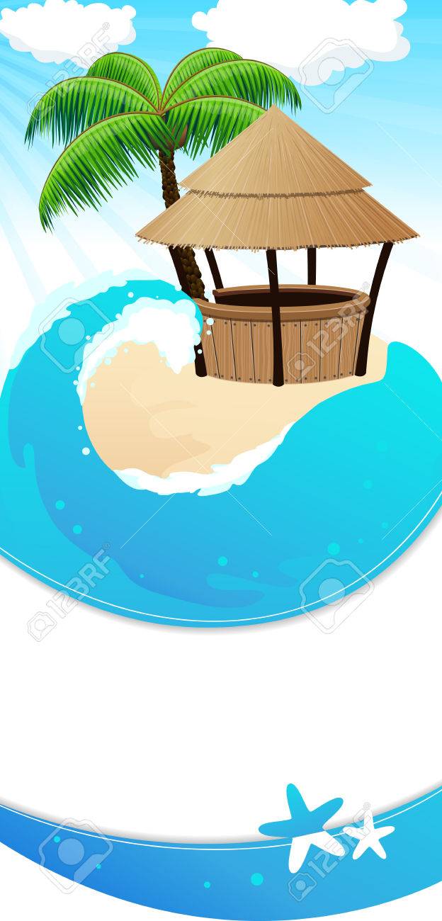 624x1300 Tropical Sandy Island With Palm Trees And Bungalow Bar. Abstract