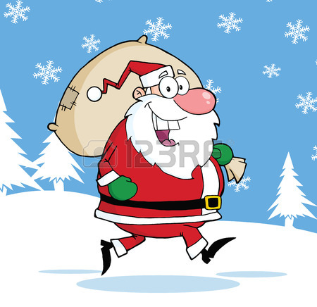 450x436 Santa Claus Cartoon Character In Shorts, Running With A Surfboard