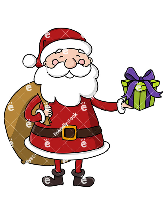 585x755 Santa With A Gift Bag On His Back, Holding A Present Clipart