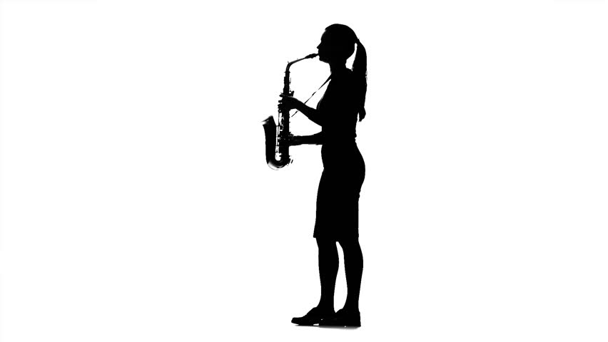852x480 Musician Woman Playing On Saxophone. Black Silhouette On White