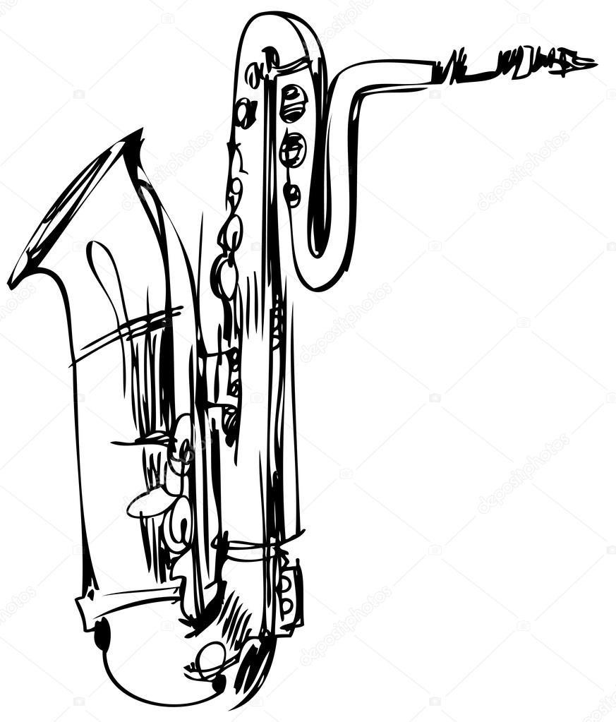 873x1023 Sketch Of A Brass Musical Instrument Saxophone Bass Stock Vector