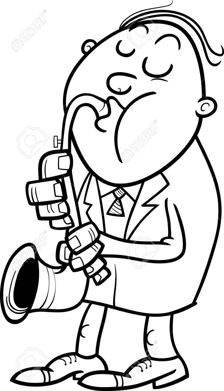 745x1300 Black And White Cartoon Illustration Of Musician Playing On