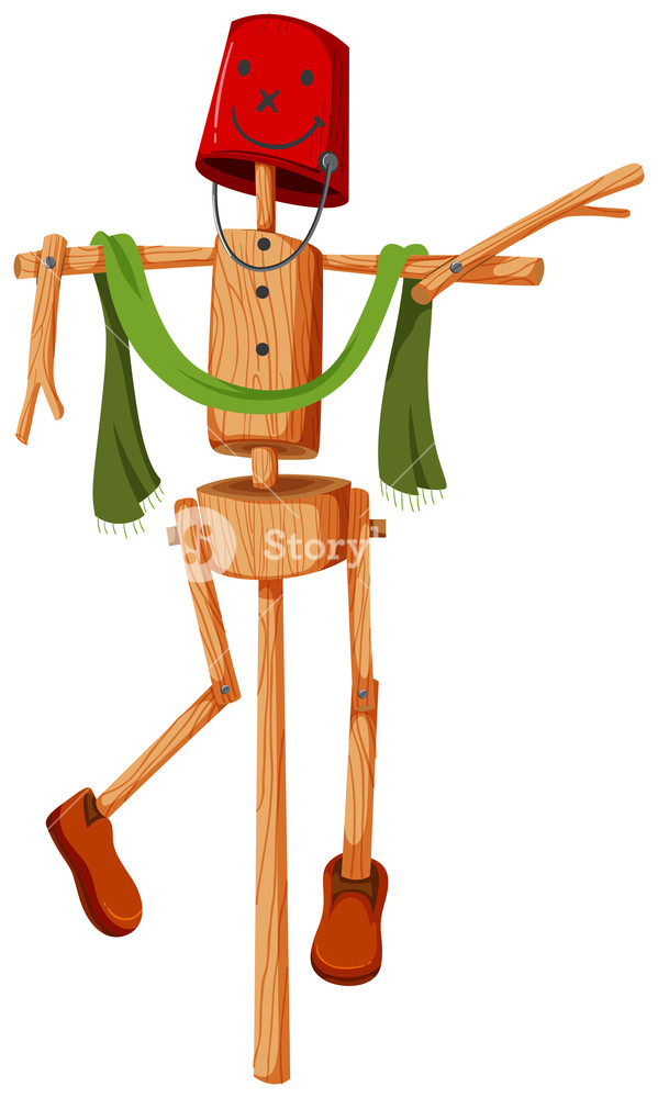599x1000 Wooden Scarecrow With Red Bucket Face Illustration Royalty Free