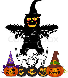 279x320 Scary Halloween Illustration With Pumpkins And Scarecrow. Stock