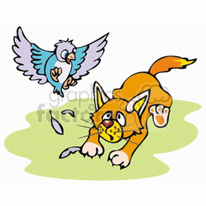 300x300 Royalty Free Cartoon Cat Being Scared By A Bird 130835 Vector Clip