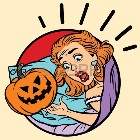 450x450 Girl Scared Halloween Evil Pumpkin, Pop Art Comic Illustration