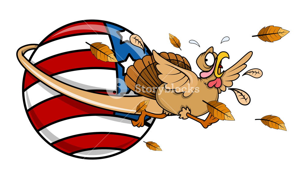 1000x585 Scared Turkey Running Around America Globe Royalty Free Stock