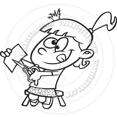 460x460 Cartoon Girl Cutting Paper With Scissors (Black And White Line Art