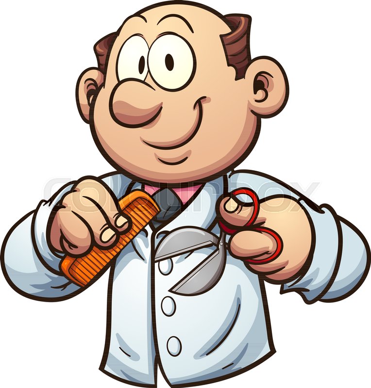 764x800 Cartoon Barber With Comb And Scissors. Vector Clip Art