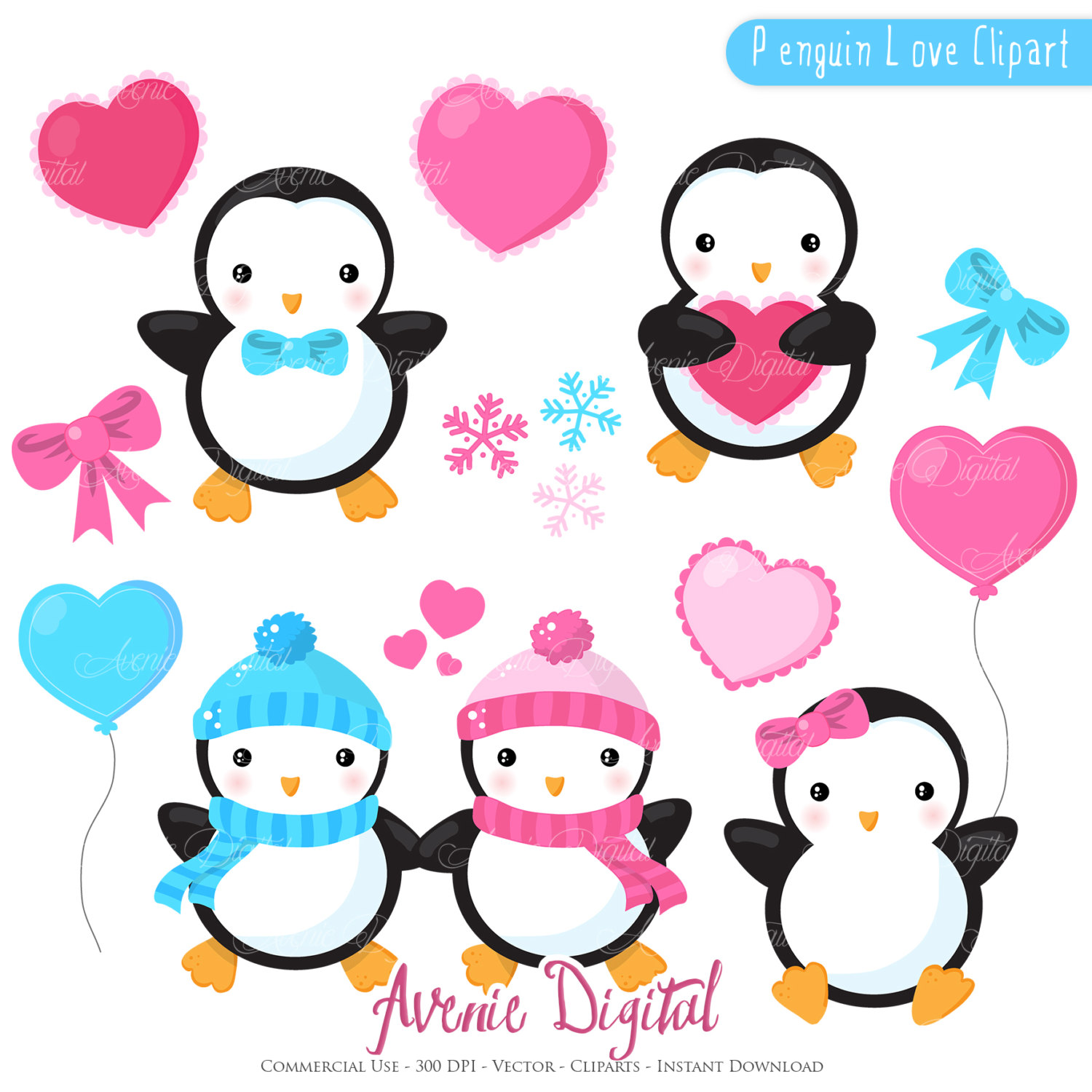 1500x1500 Valentines Penguins Clipart Scrapbook Printables Holiday Clip