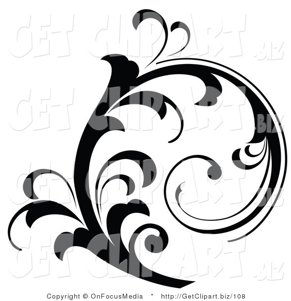 600x620 Clip Art Of A Beautiful Black Silhouetted Elegant Leafy Scroll
