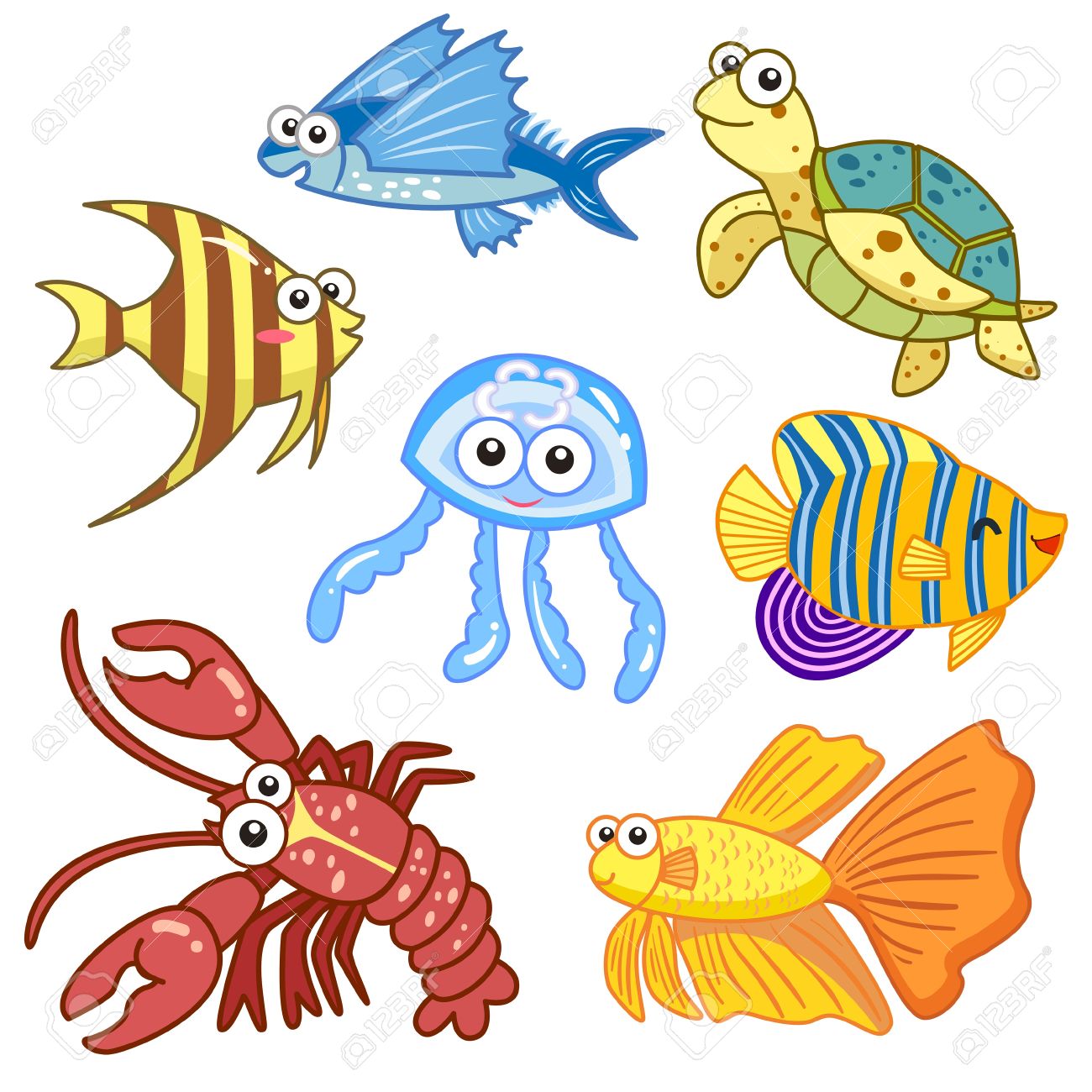 1300x1300 Cartoon Sea Animals Set With White Background Royalty Free