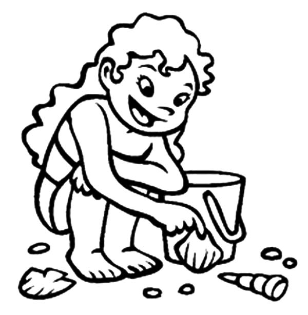 600x614 This Little Girl Collecting Seashells From The Beach Sand Coloring