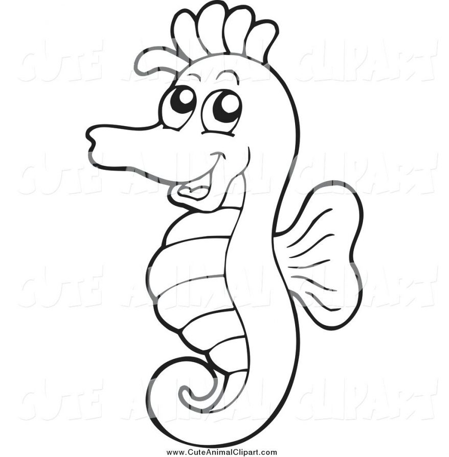 878x895 Vector Cartoon Clip Art Of A Black And White Happy Seahorse 127