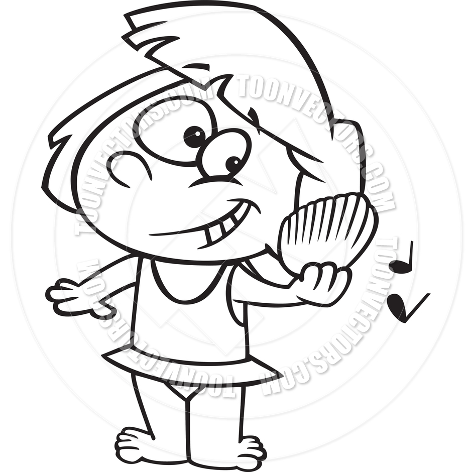 940x940 Cartoon Girl Listening To Seashell (Black And White Line Art) By