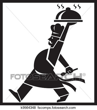 413x470 Clip Art Of Cook Chef Baker Walking Serving Food Platter Retro