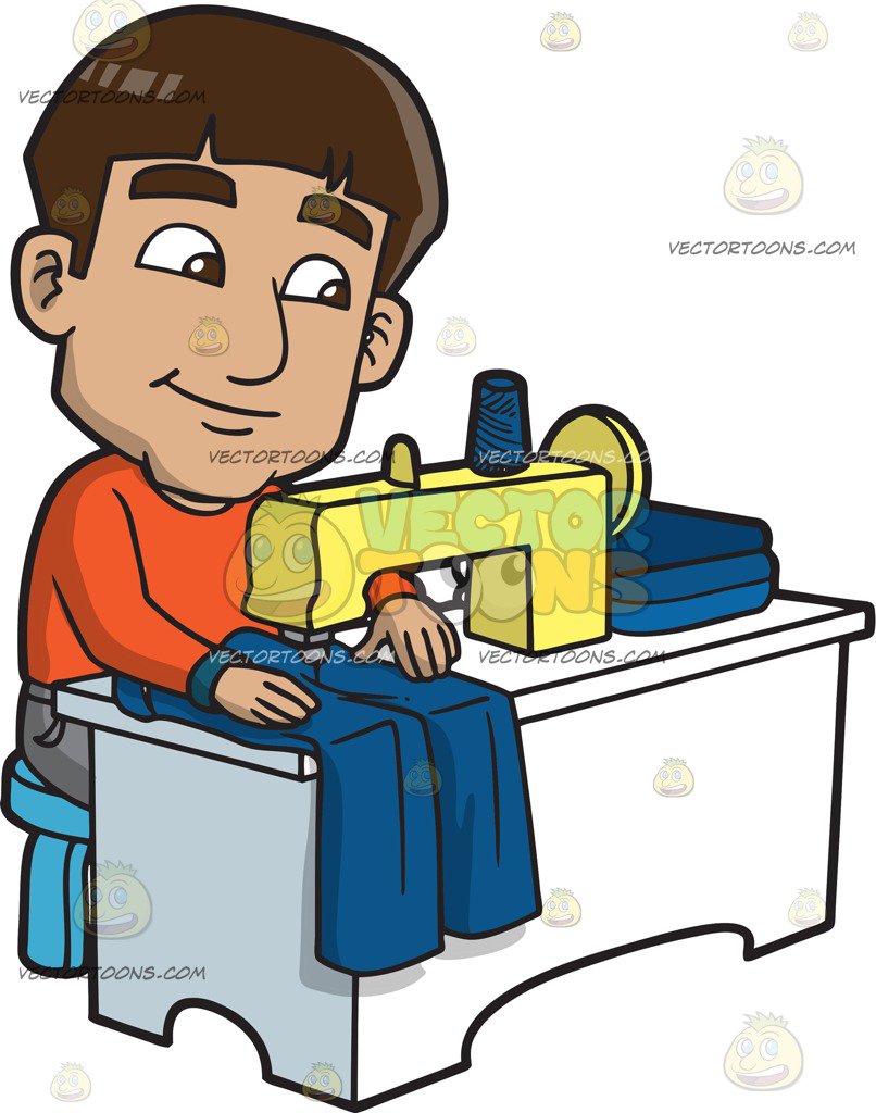 806x1024 A Man Sewing A Pair Of Blue Jeans Cartoon Clipart