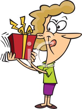 263x350 Cartoon Of A Woman Shaking A Present To Guess What's In It