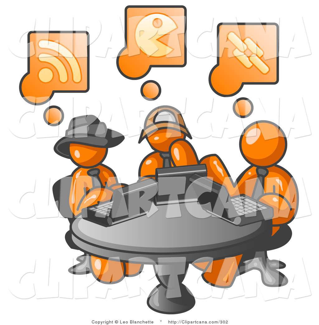 1024x1044 Vector Cliprt Of Three Orange Men Using Laptops While Sharing