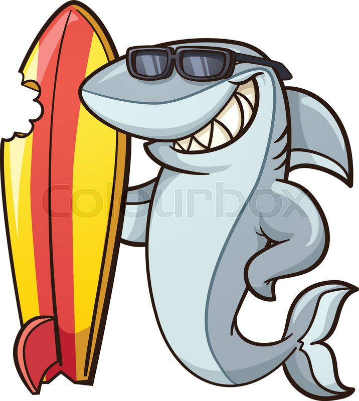 716x800 Cartoon Shark With A Bitten Surfboard. Vector Clip Art