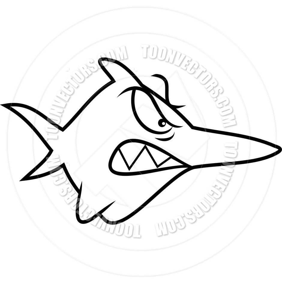 940x940 Cartoon Shark Looking Angry (Black And White Line Art) By Dream