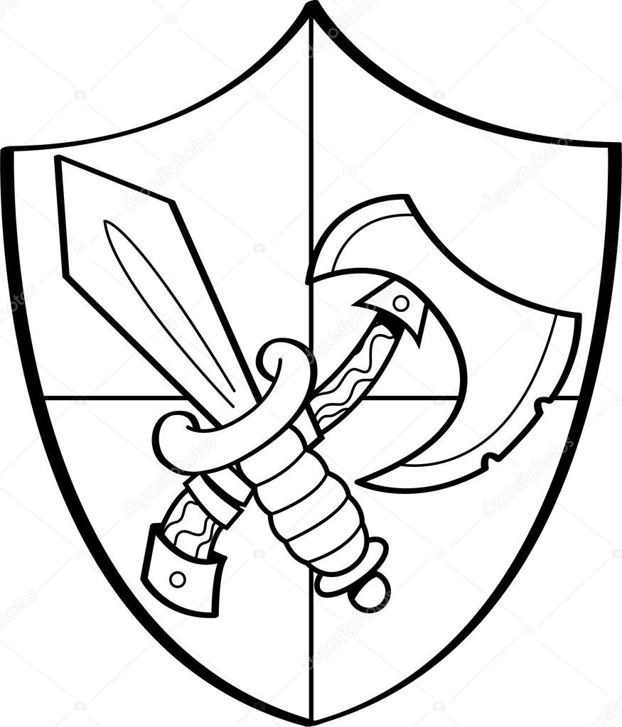 875x1023 Cartoon Sword And Axe On A Shield Stock Vector Kenbenner