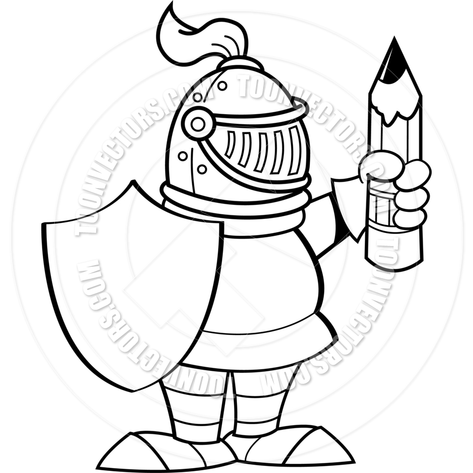 940x940 Cartoon Knight Holding A Shield And A Pencil (Black Amp White Line