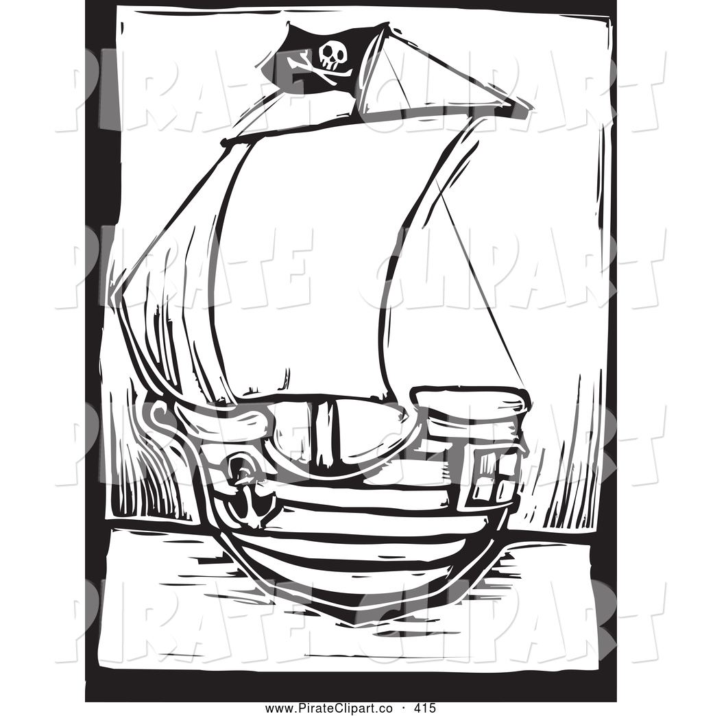 1024x1044 Vector Clip Art Of A Black And White Pirate Ship Woodcut By