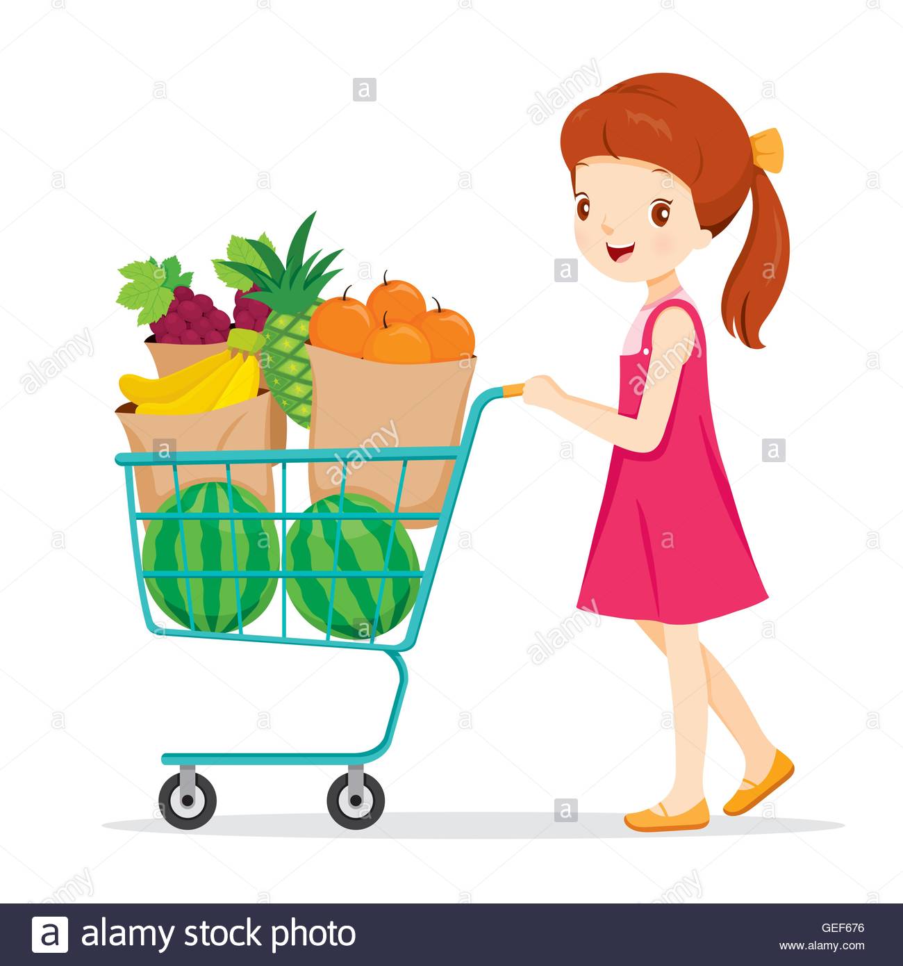 1300x1390 Girl Pushing Shopping Cart Illustration Stock Vector Art