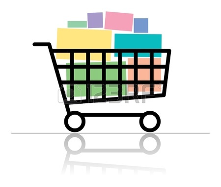 450x380 Cartoon Image Of A Woman With A Full Shopping Cart Royalty Free