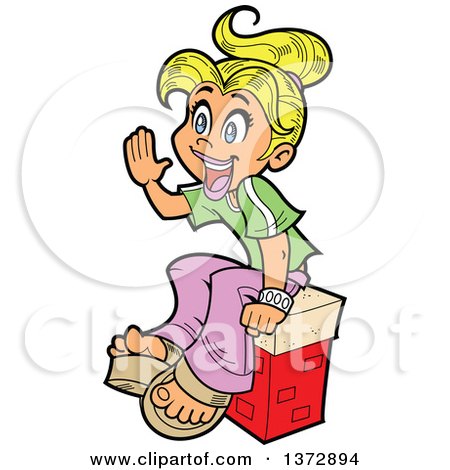 450x470 Clipart Of A Happy Blond White Teenage Girl Sitting And Shouting