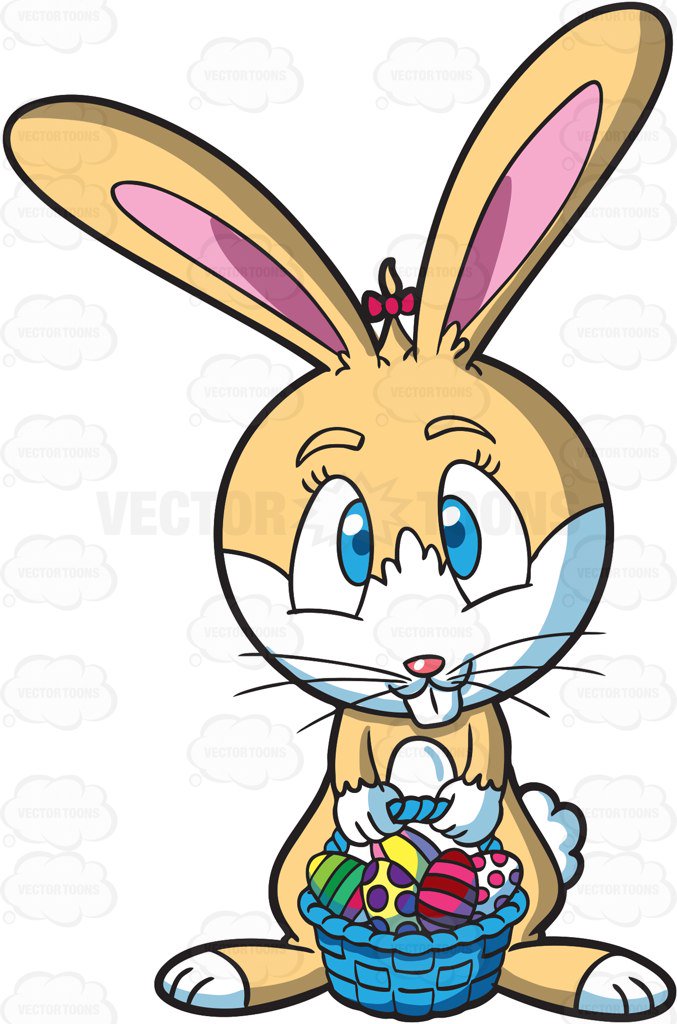 677x1024 A Shy Easter Bunny Holding A Basket Of Eggs Cartoon Clipart