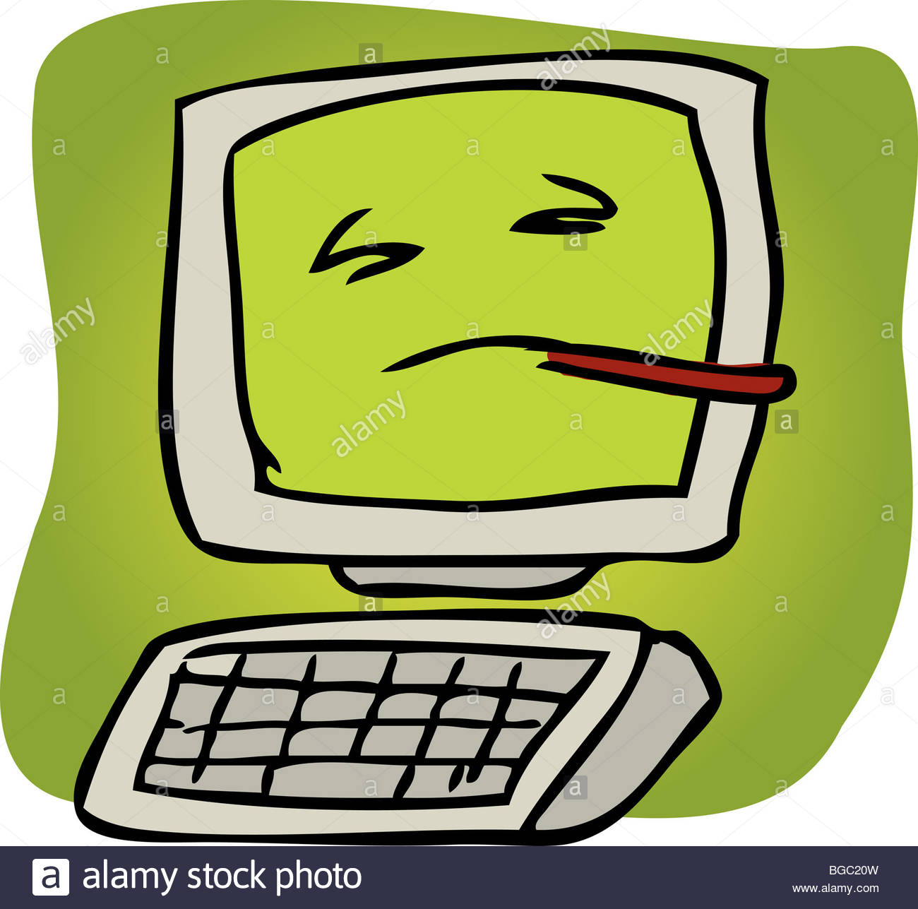 1300x1287 Cartoon Illustration Of A Sick Computer With Thermometer Stock