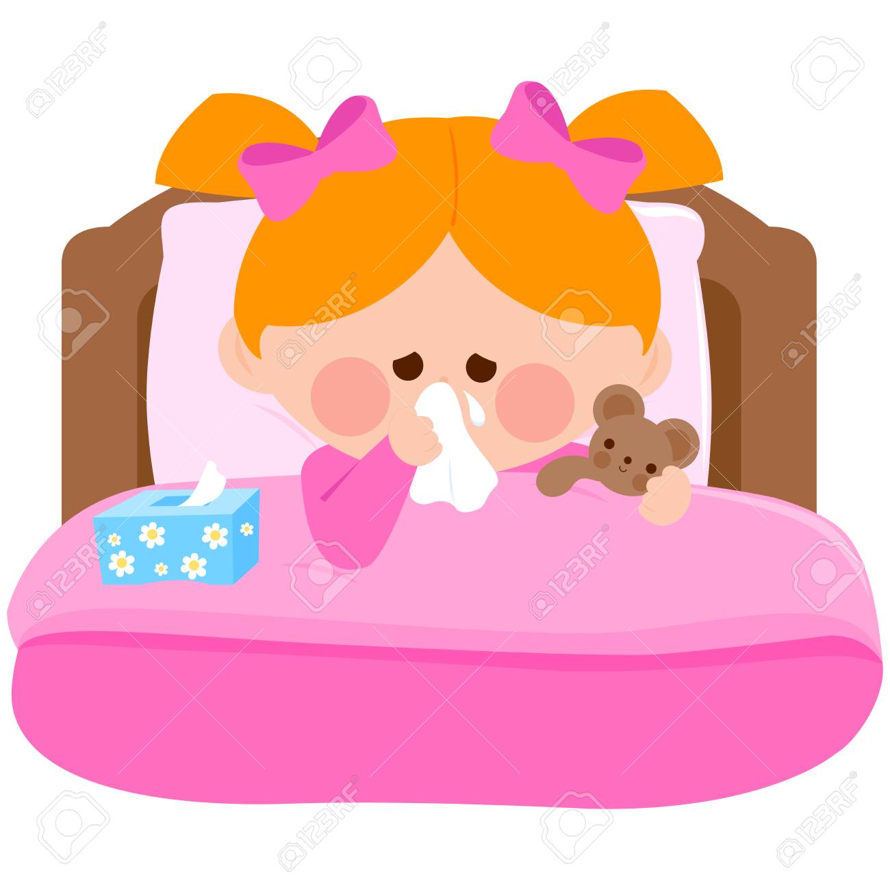 1300x1300 Little Girl Blowing Her Nose Lying Sick In Bed And Holding Her