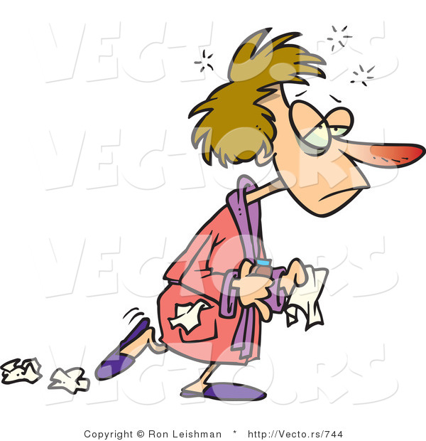 600x620 Cartoon Vector Of A Flu Sick Woman With Red Nose And Achy Head By