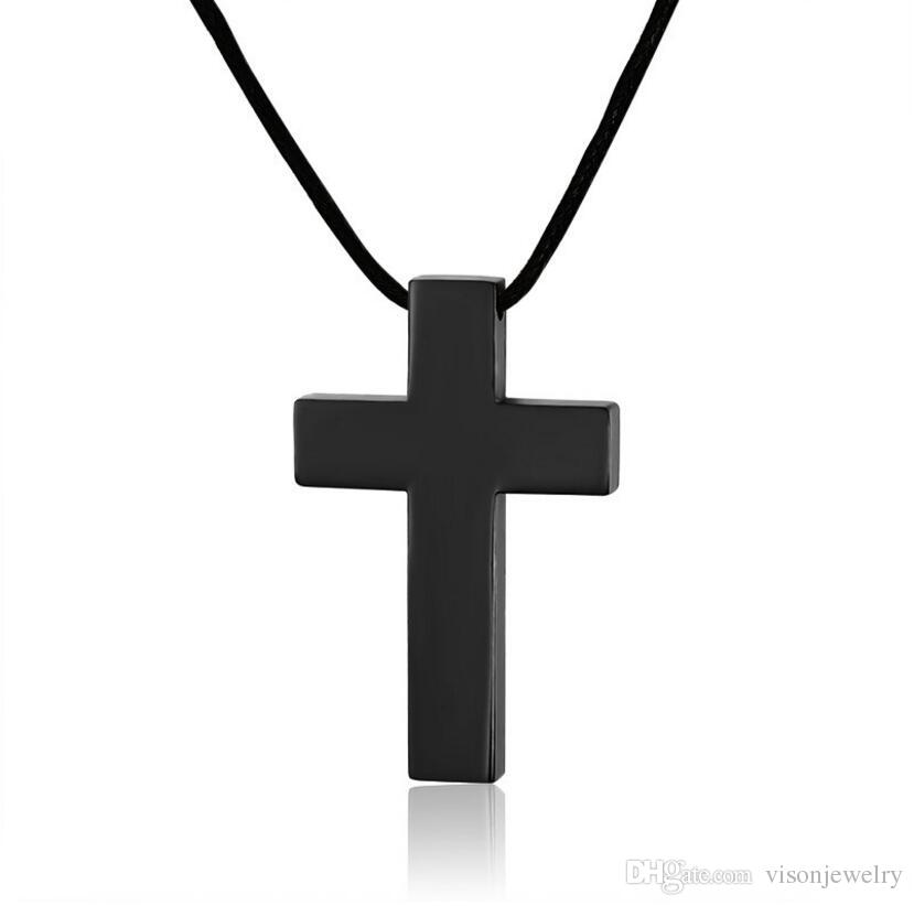 829x822 Stainless Steel Simple Plain Cross Pendant With Black Cord Gothic