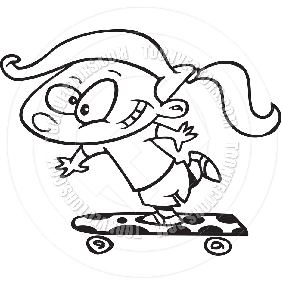 940x940 Cartoon Girl Skateboard (Black And White Line Art) By Ron Leishman