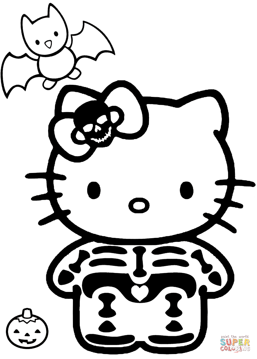 828x1156 Hello Kitty Halloween Skeleton Coloring Page Free Printable