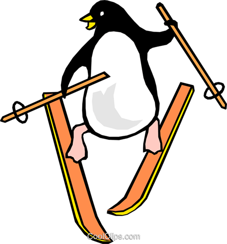 447x480 Penguins Skiing Royalty Free Vector Clip Art Illustration