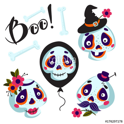 500x500 Set Of Cartoons Skull And Bones Isolated On White Background. Cute