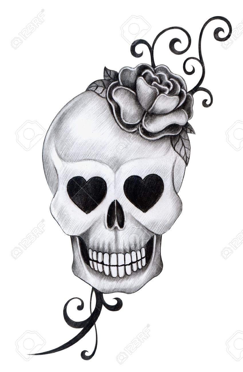 849x1300 Skull Tattoo. Hand Drawing On Paper. Stock Photo, Picture