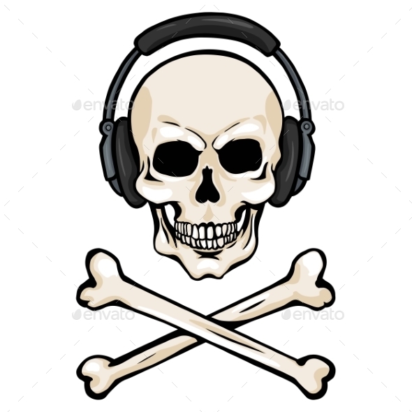 590x590 Cartoon Skull With Headphones And Cross Bones By Nikiteev