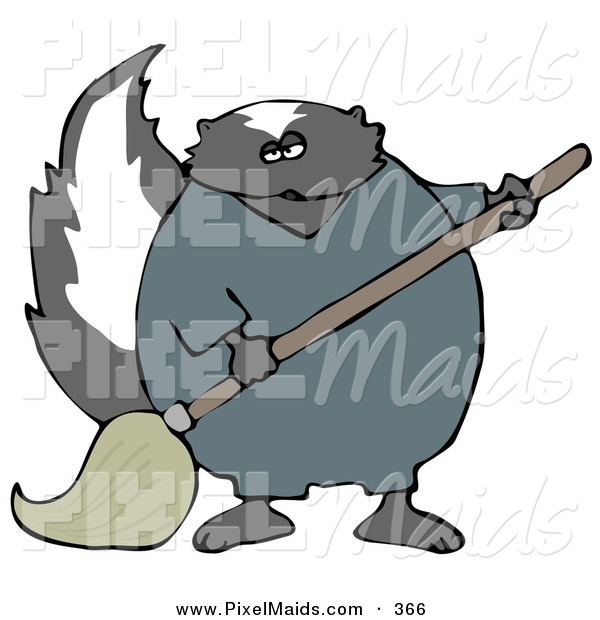 600x620 Clipart Of A Working Black Skunk In Coveralls, Mopping Up A Mess