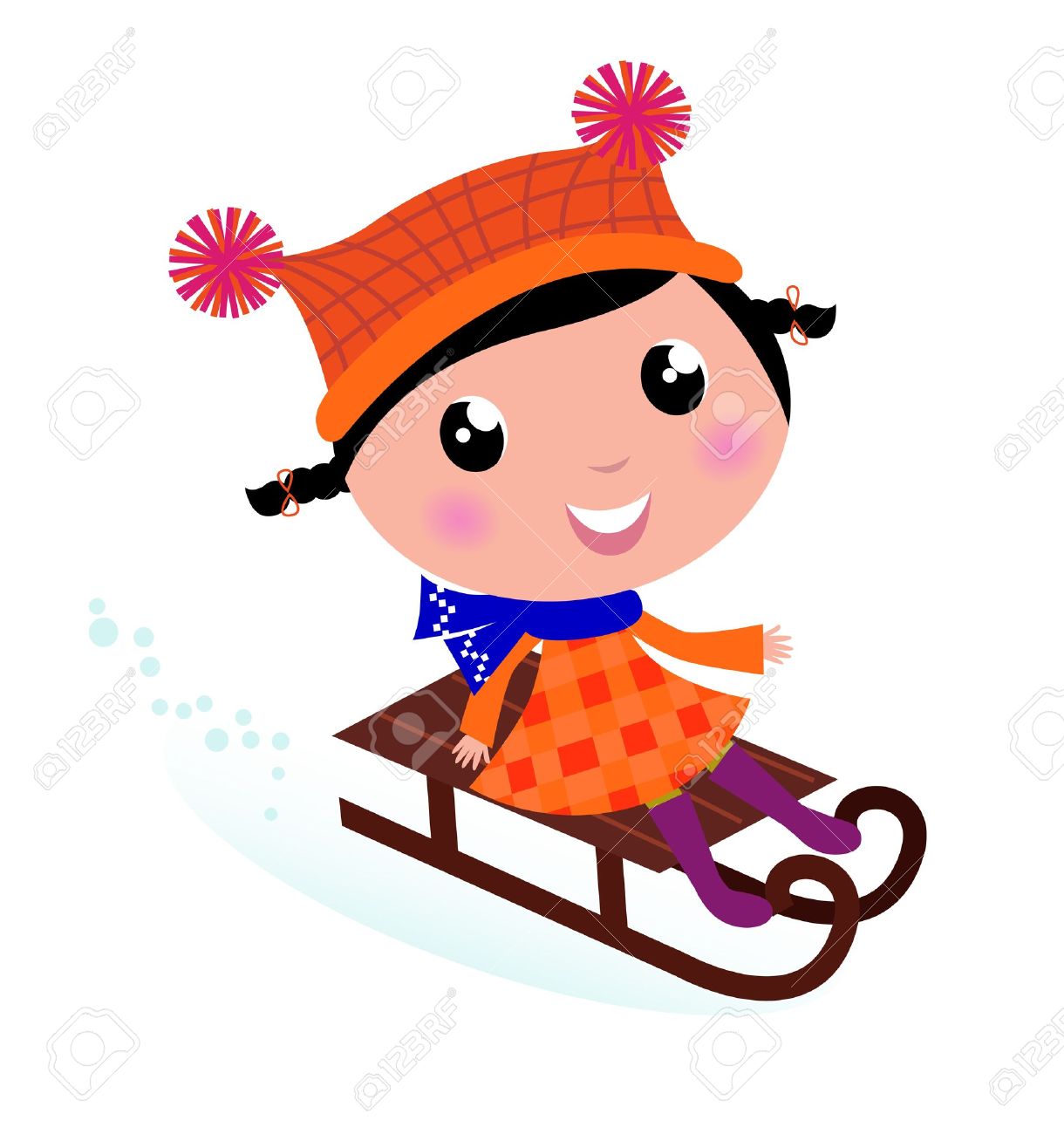 1220x1300 Cute Girl Sledding In Winter. Vector Cartoon Illustration. Royalty