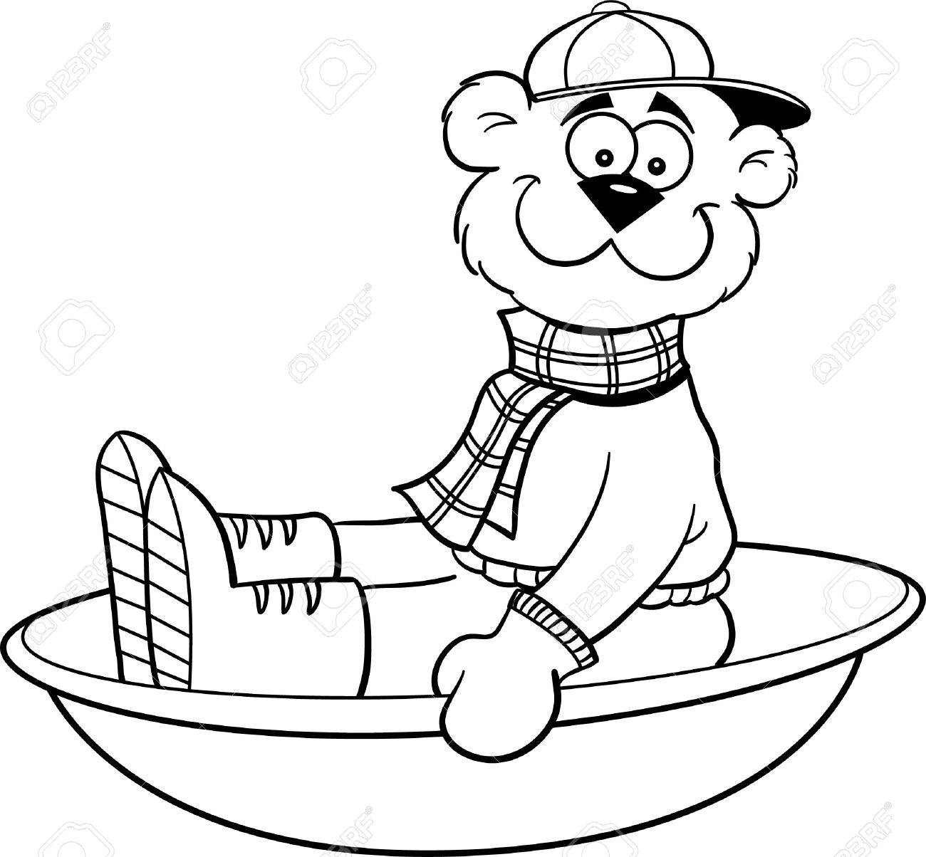 1300x1204 Black And White Illustration Of A Bear Sledding Royalty Free